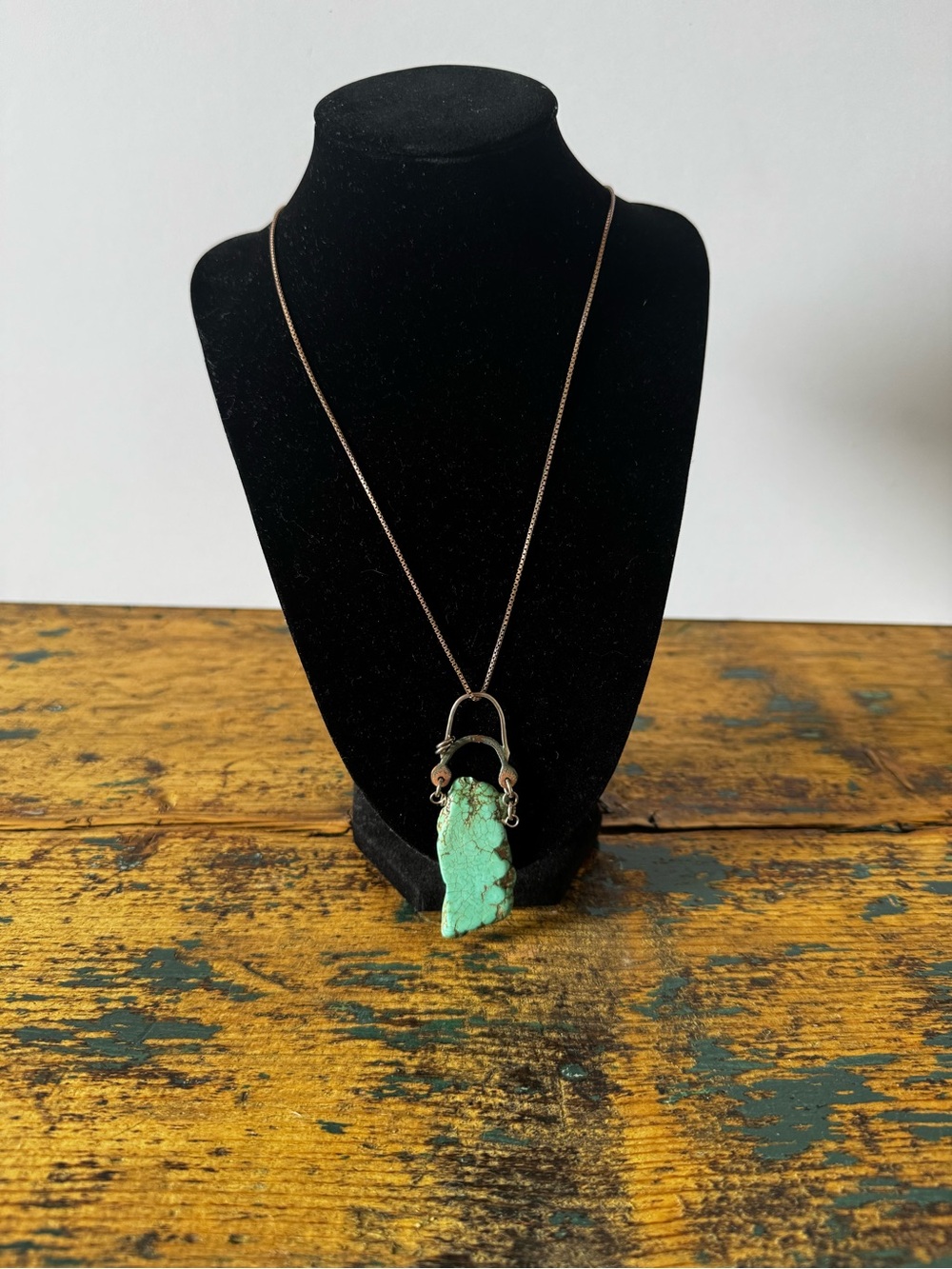 Raw Turquoise Stone Pendant Necklace - Green Turquoise Long Chain
